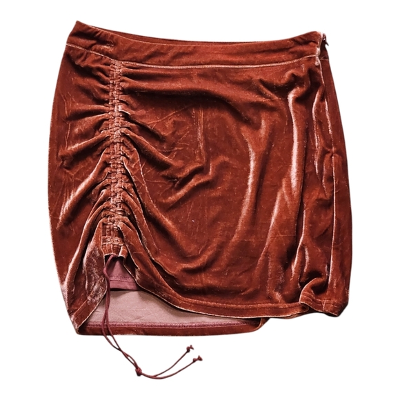Shinestar Velvet Ruched Mini Skirt Rust Large Adjustable Drawstring Party NEW - Picture 1 of 7